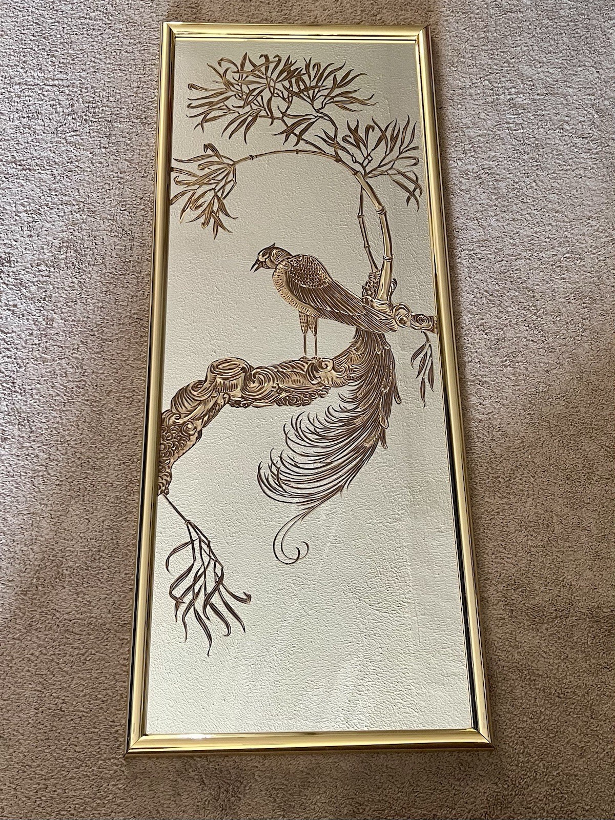 VTG 80s Hollywood Regency Gold Frame W/ Pheasant & Bamboo Mirror 19.5x1x50”