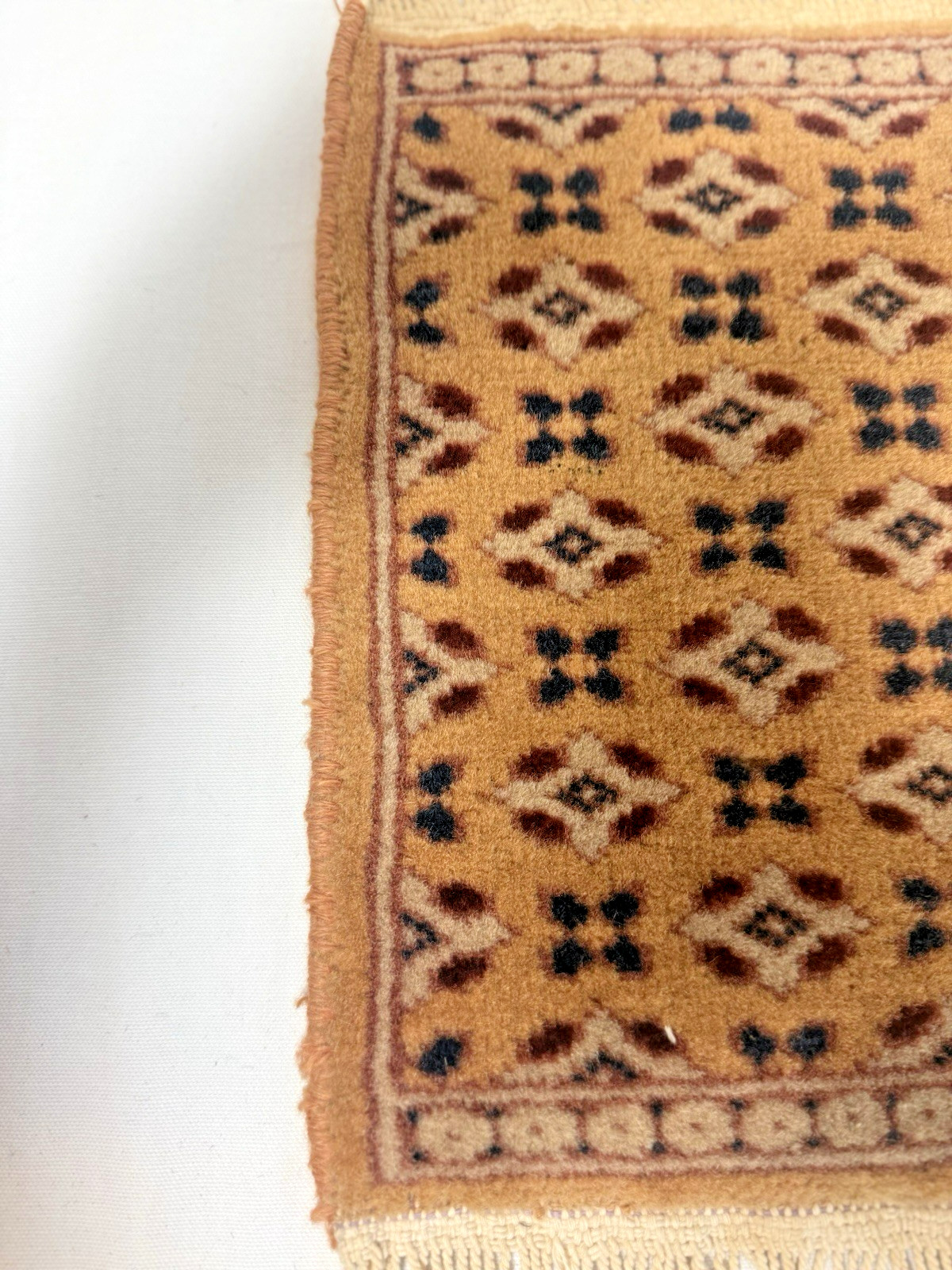 Vintage Hand Knotted Miniature Middle East Wool Rug Tan Burgundy 11.25 x 16 “