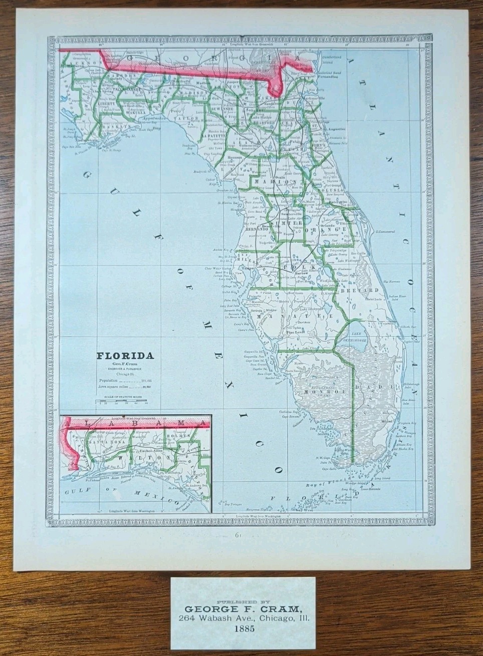 Vintage 1885 FLORIDA Map 11″x13″ Old Antique Original BRONSON MIAMI OCALA TAMPA
