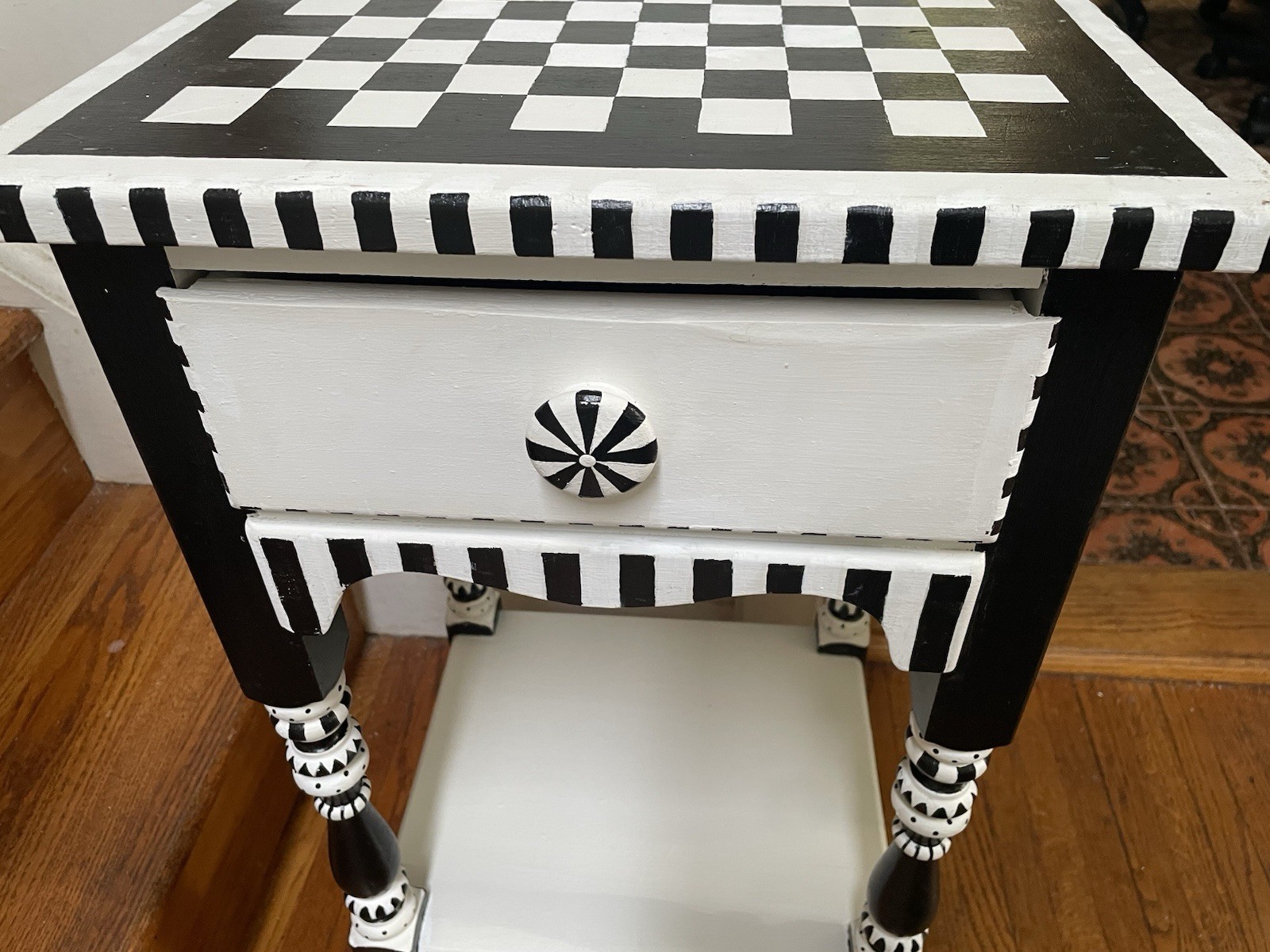 Whimsical Accent Table Side Table Hand Painted Black & White Antique
