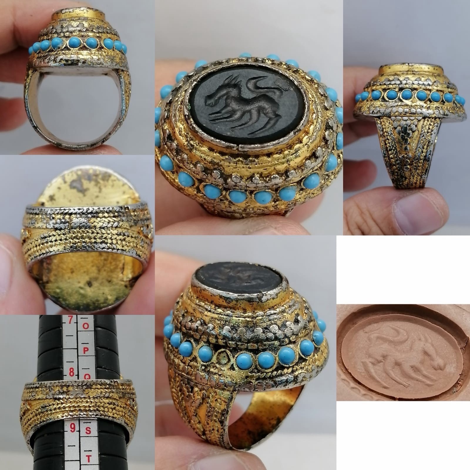 Antique Old Afghan Agate Stine Intaglio Rare 18k Gold Plated Ring
