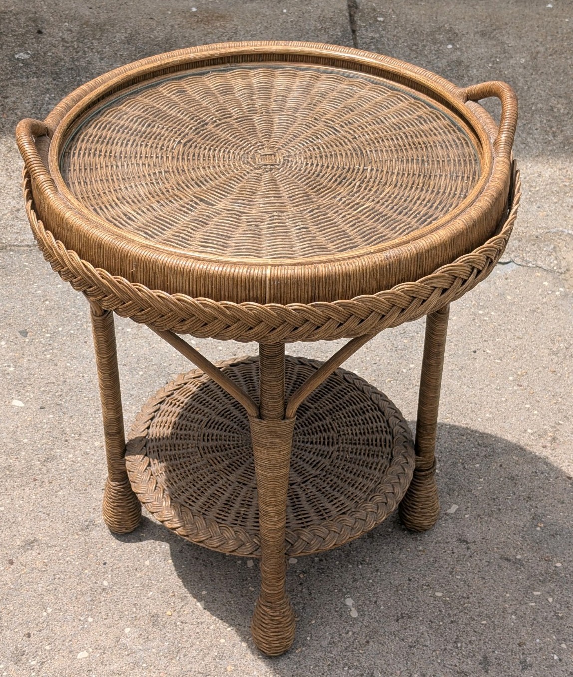 Vintage Bent Bamboo Wood Wooden Rattan Serving Tray End Butler Glass Top Table