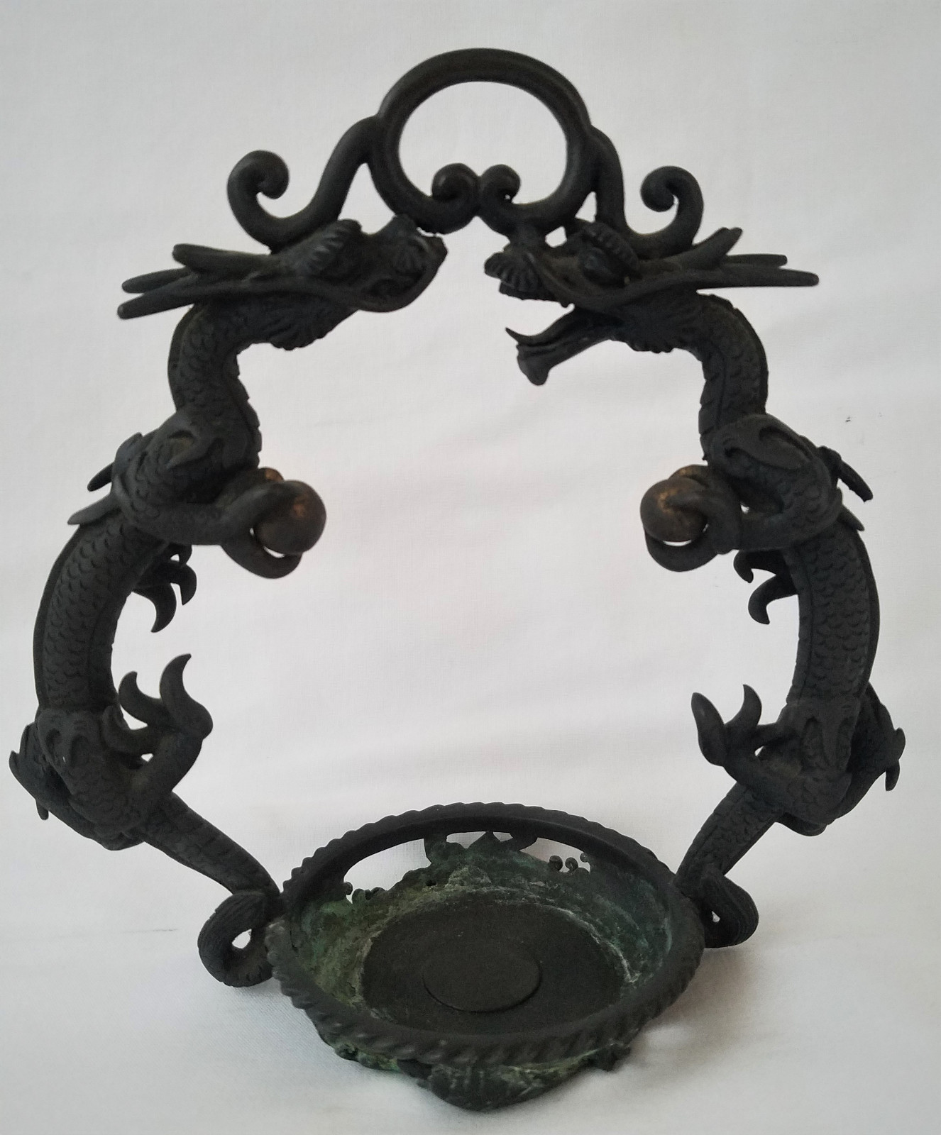 Rare Antique Chinese Bronze Parcel Gilt Dragon Handled Censer