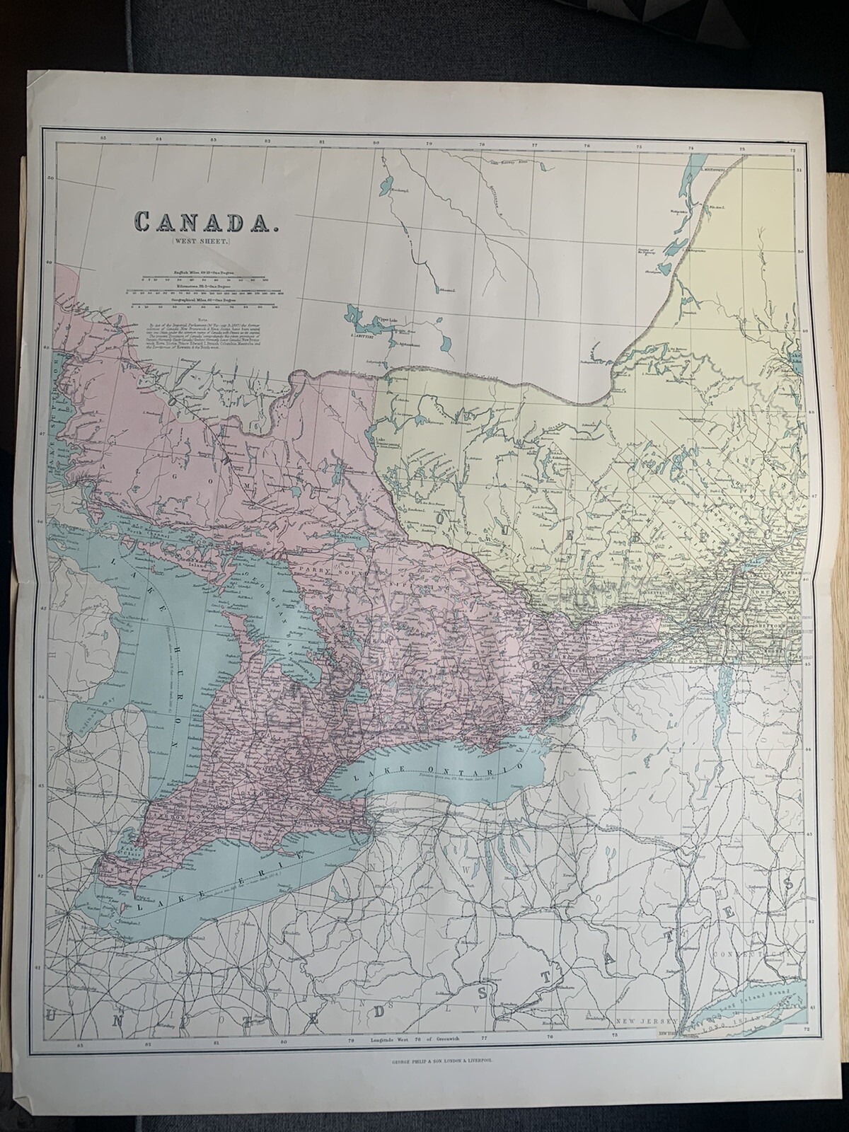 1895 Ontario Canada Large Original Antique Map by George Philip 69 cm x 54 cm