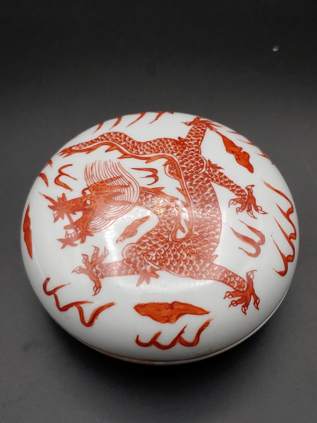 Antique Chinese Iron Red Glaze Porcelain Painted Dragon Artwork Seal Ink Pad Box