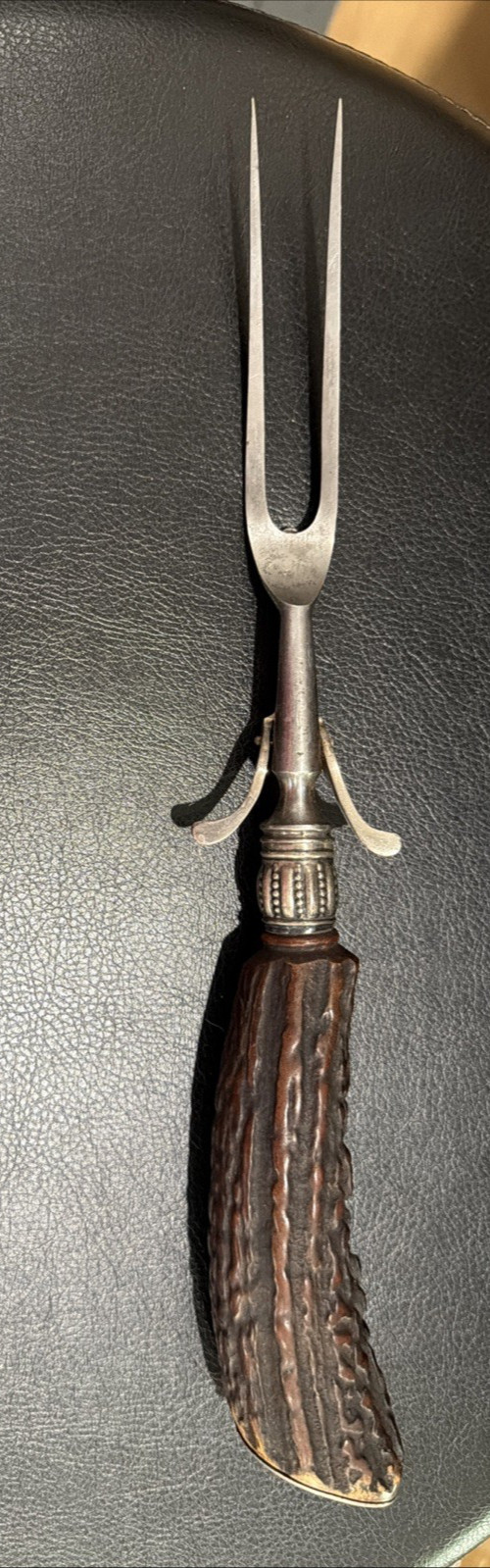 10 3/4 Inch Stag Handle Serving Fork Marked Sterling USA Sale