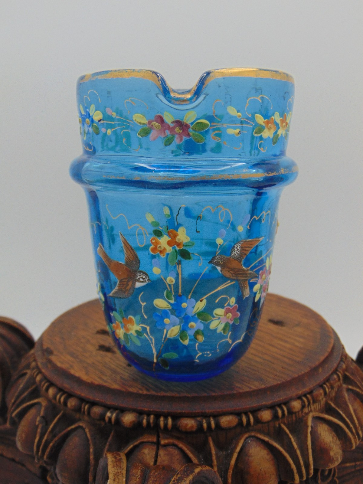 Antique Victorian Blue Topaz Hand Painted Floral Birds Art Glass Creamer Beaker