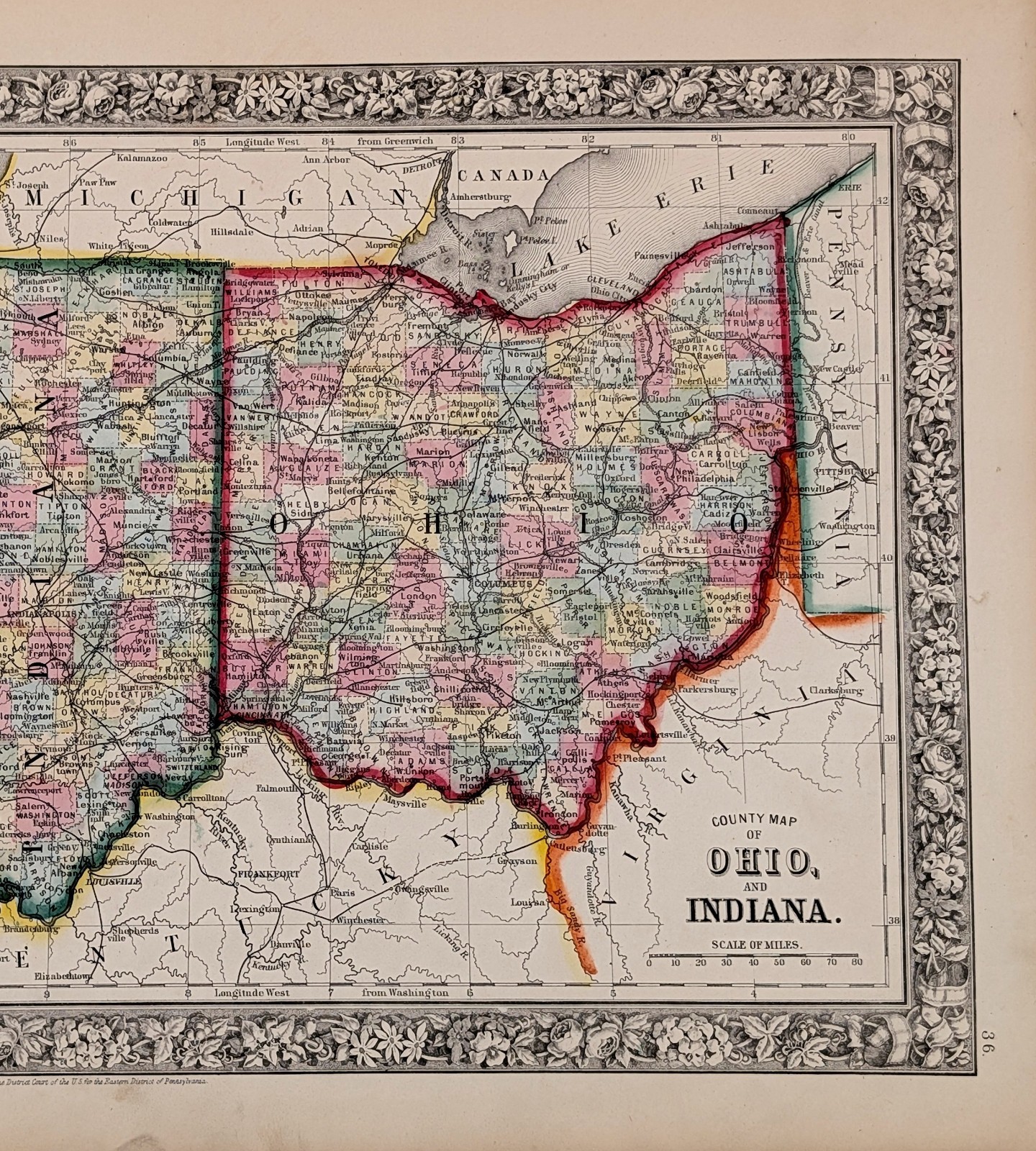 1864 Map OHIO – INDIANA ANTIQUE ORIGINAL Counties Townships Railroads
