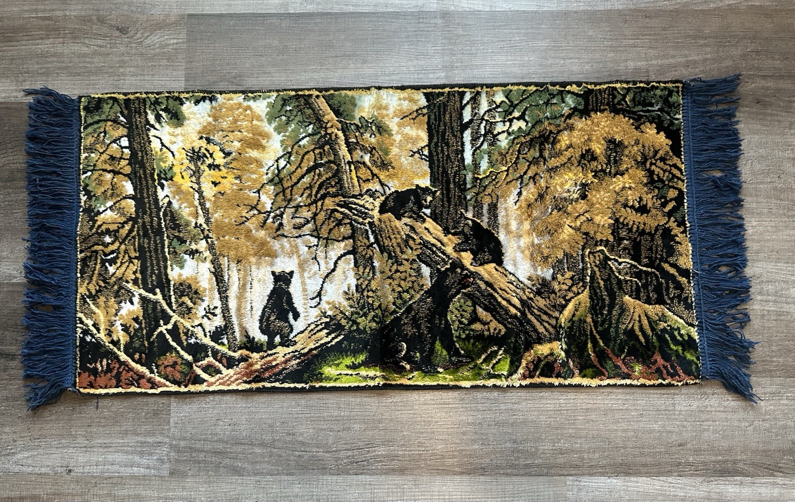 Vintage 1970s Philippine Bear Forest Velvet Velour Tapestry Rustic Cabin 44×19