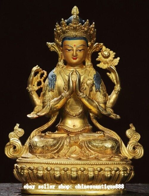 7.8″ Old Nepal Bronze Gild Painting 4 Arms Kwan-yin Chenrezig Buddha Statue