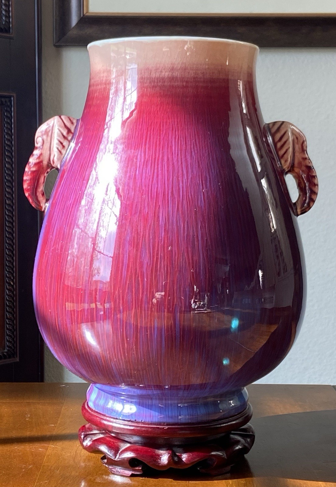 Rare 10.75”Chinese Porcelain Oxblood Flambé Blue Glaze Vase Dbl Elephant Handles