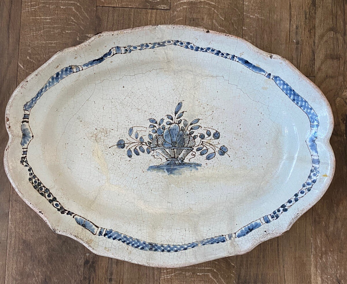Antique French 19th black core Rouen Faience Blue White Oval Platter Tray 561/63