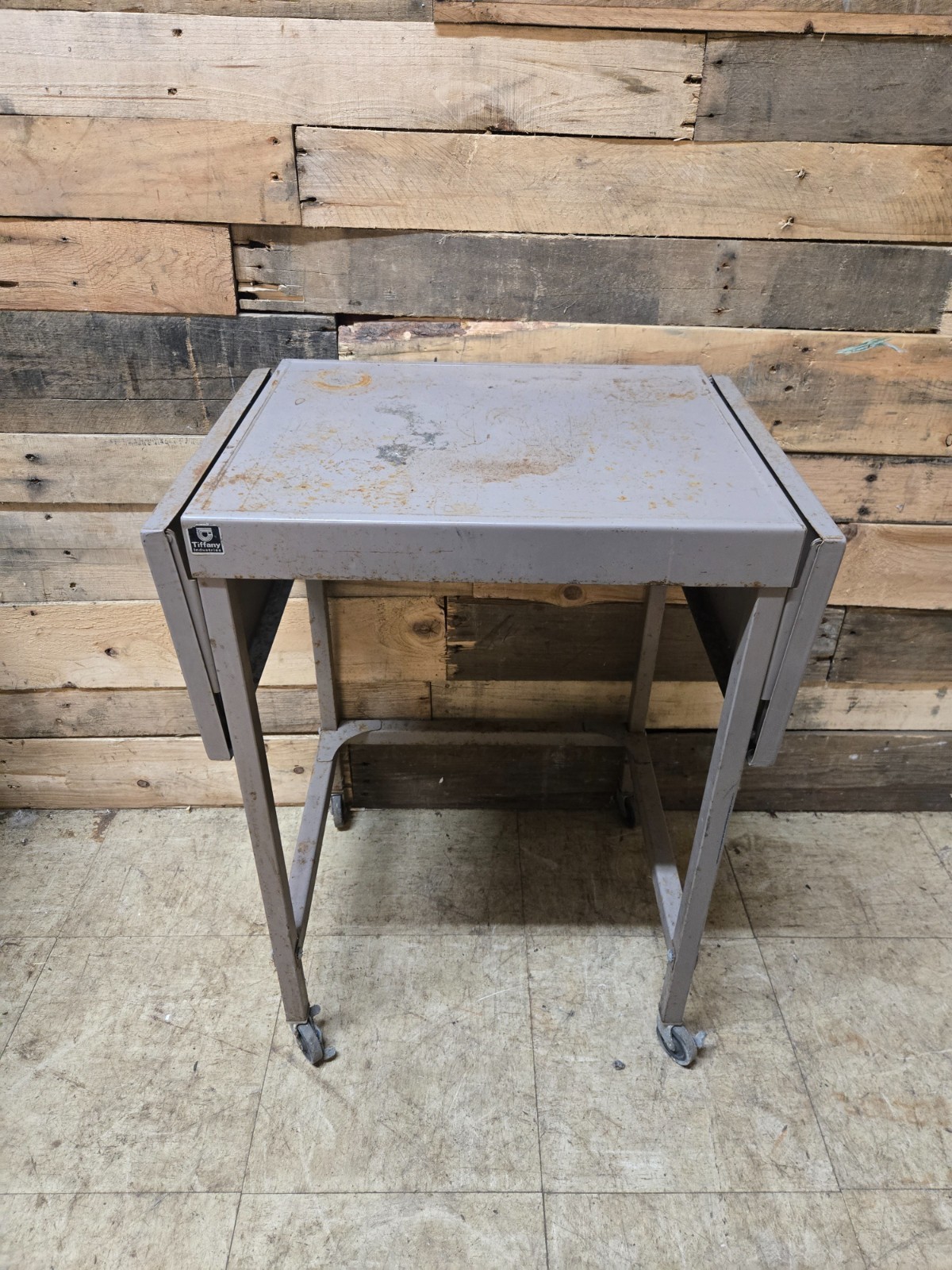 Vintage Tiffany Typewriter Stand Metal Cart Table Desk on Wheels Drop Leaf