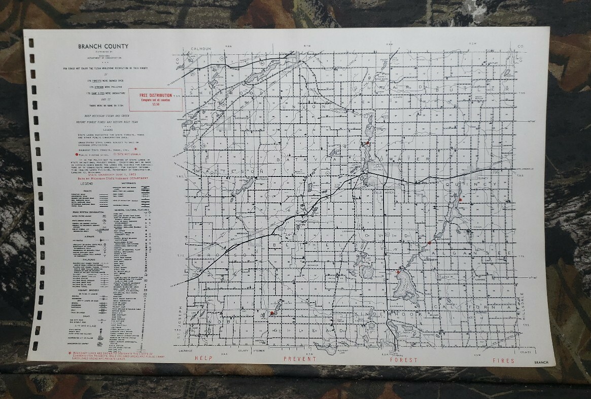 Vtg 1953 Branch County Michigan Dept Conservation Plat Maps 11″ X 17″