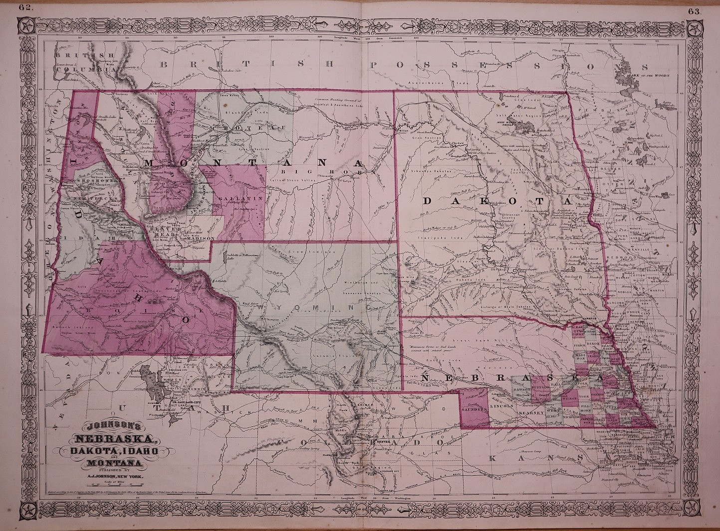 1866 Map ~ Territories of Idaho, Montana, Wyoming & Dakota – A. J. Johnson 18×26