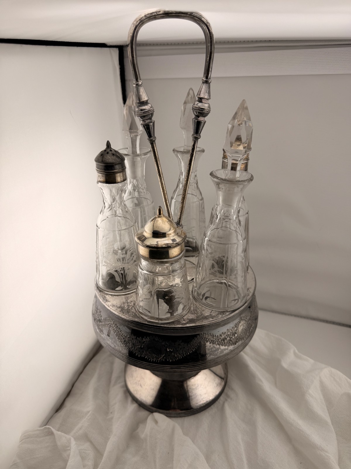 Vintage E.G. Webster & Son Quadruple Plate 5-Bottle Cruet Set Victorian Silver