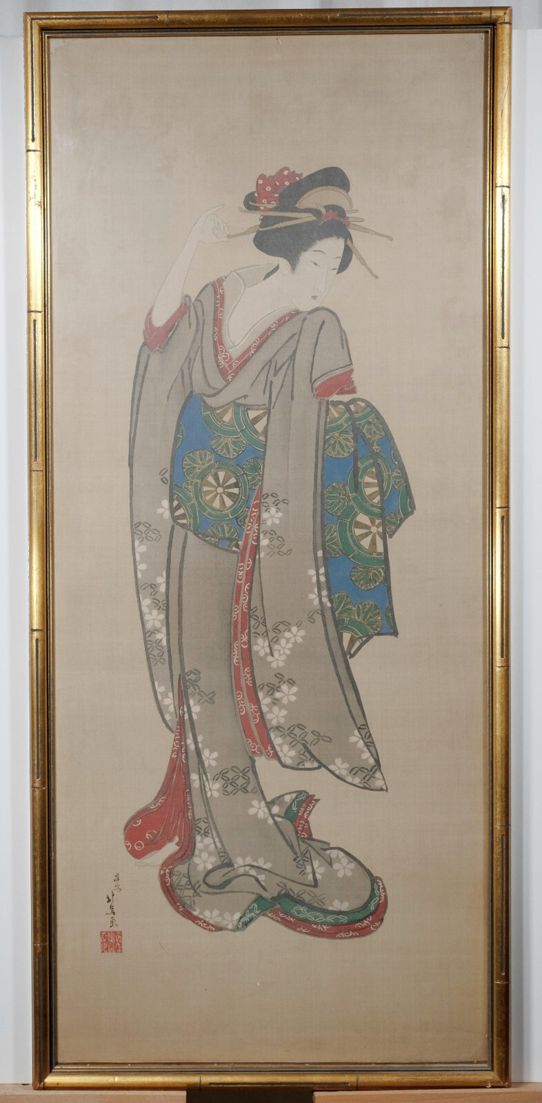 19th C. Geisha Hand Signed Framed Japanese Ink Watercolor Painting on Paper