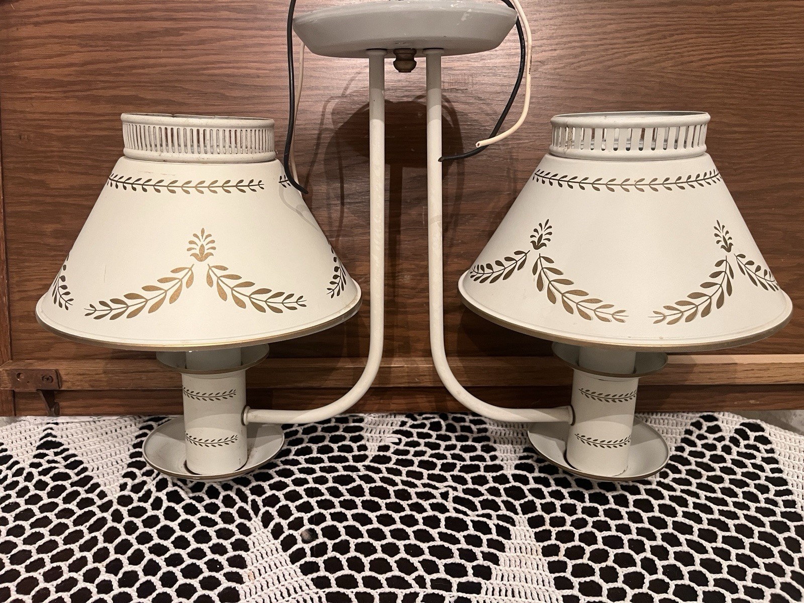 Vintage White/Gold Laurel Toleware Double Ceiling Mount Hanging Light Fixture
