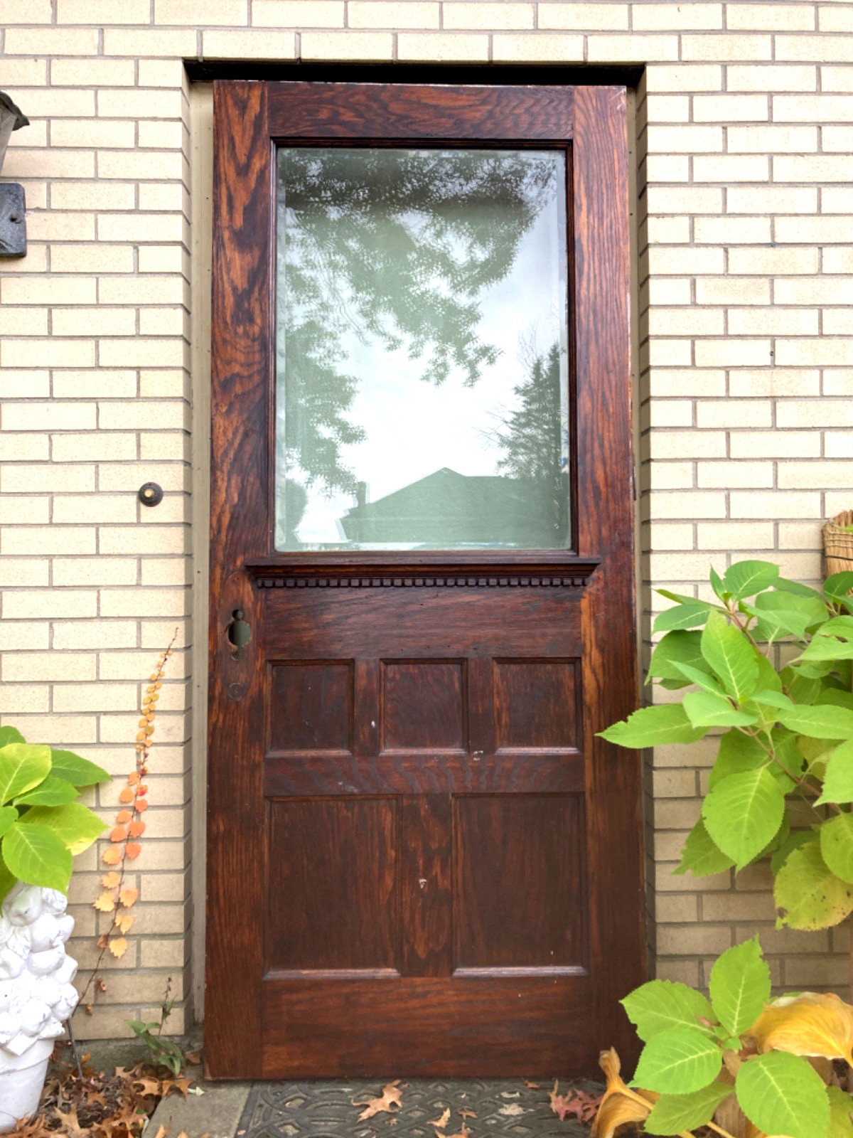 ANTIQUE OAK ENTRY DOOR with BEVELED GLASS & ORIGINAL HINGES – 35-5/8″ X 82-1/4″