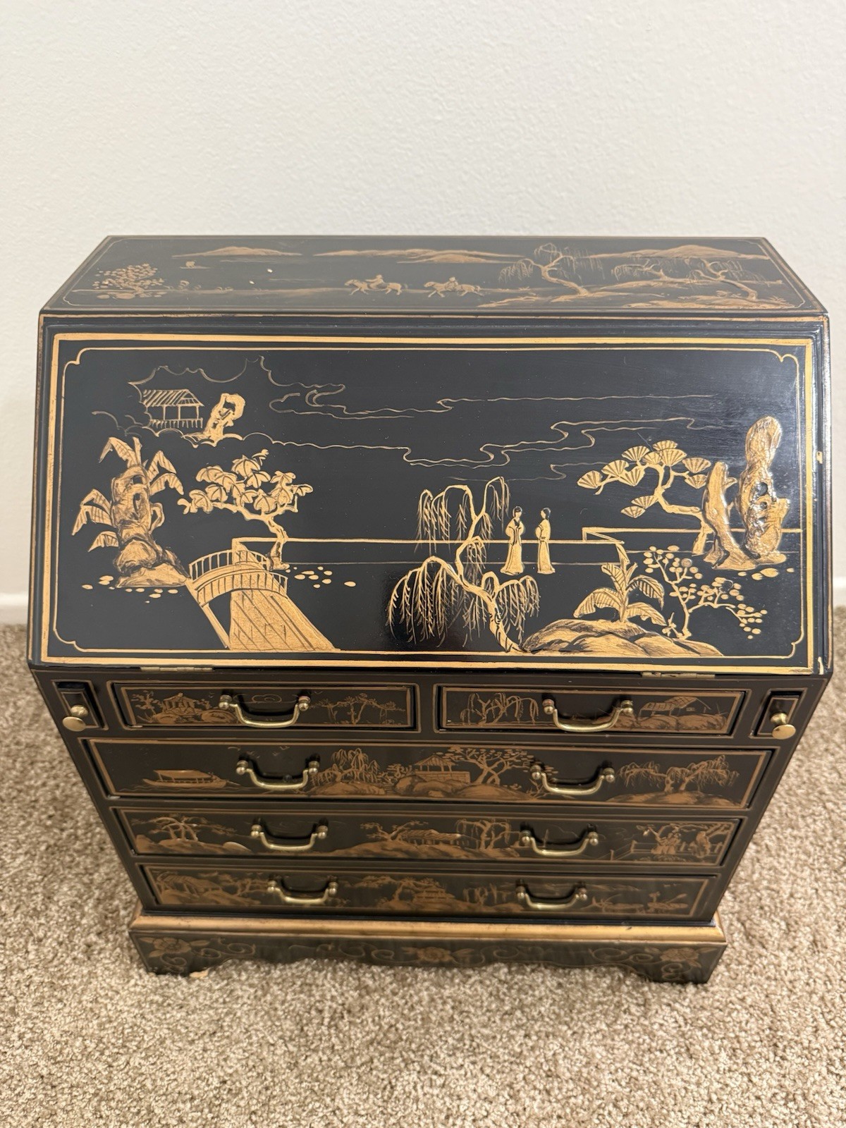 Vintage Maddox Black Lacquer Chinoiserie Drop Front Secretary Desk
