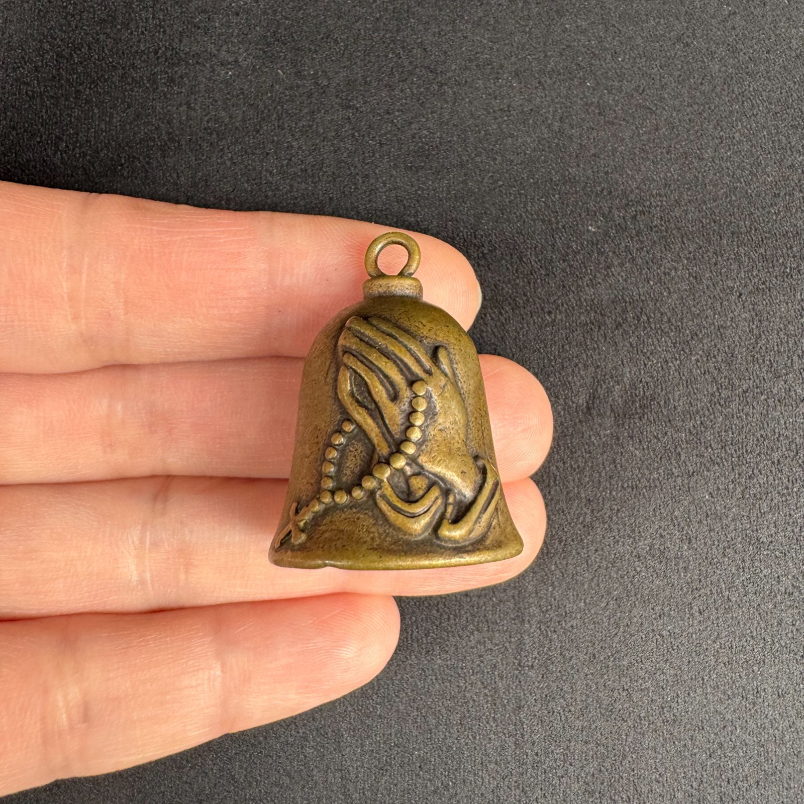 Old Brass Praying Hands Bell, Antique Style Rosary Chime Pendant Spiritual Decor