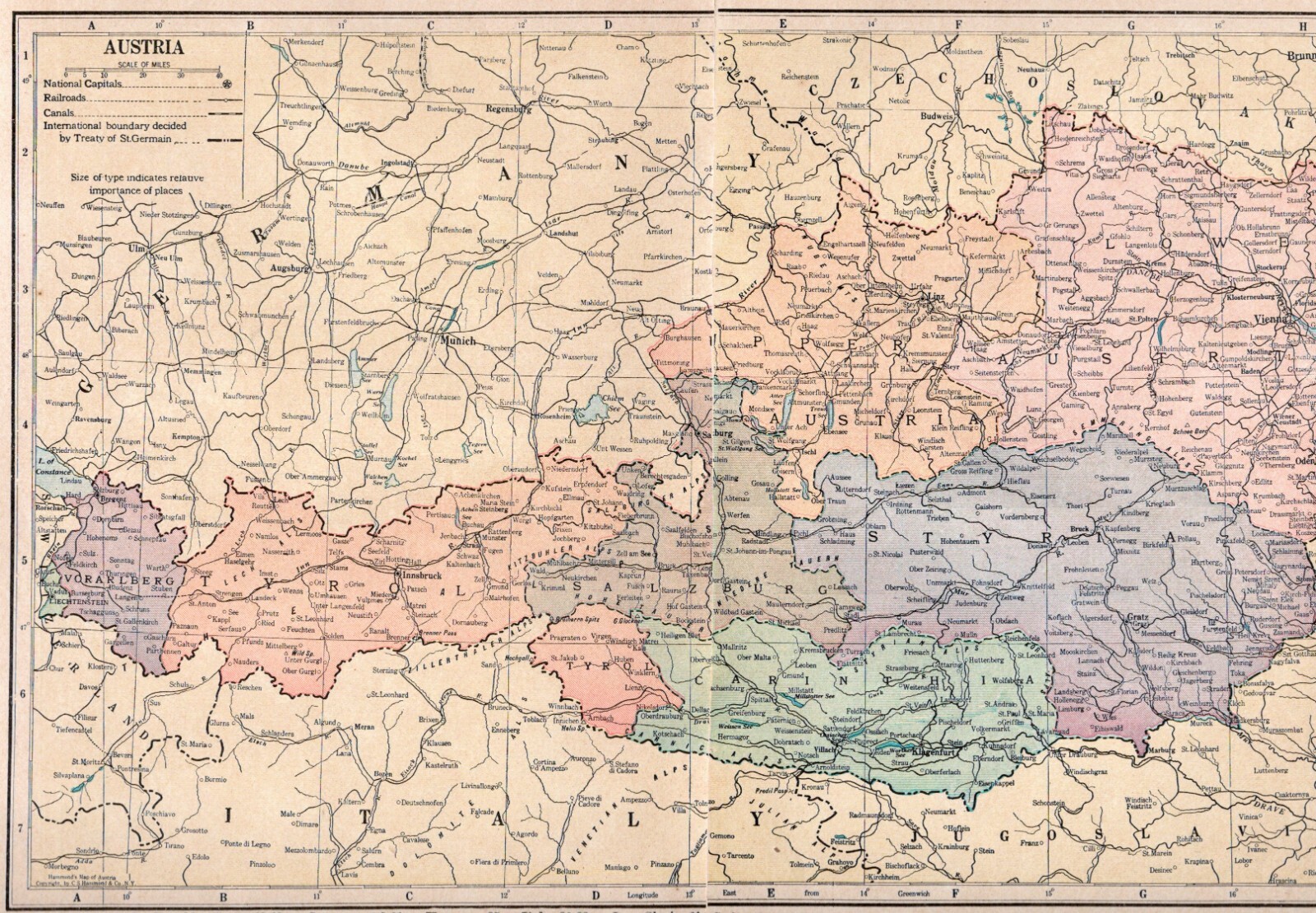 1923 Map:Austria w/Boundary of Treaty of St.Germain ending WW I & Czechoslovakia
