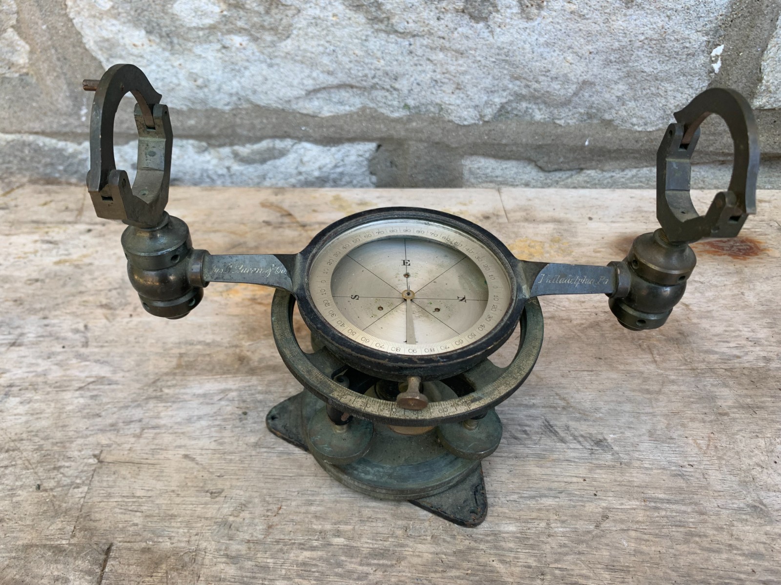 Jas. W. Queen & Co. Philadelphia, PA Antique Surveyor’s Compass Brass
