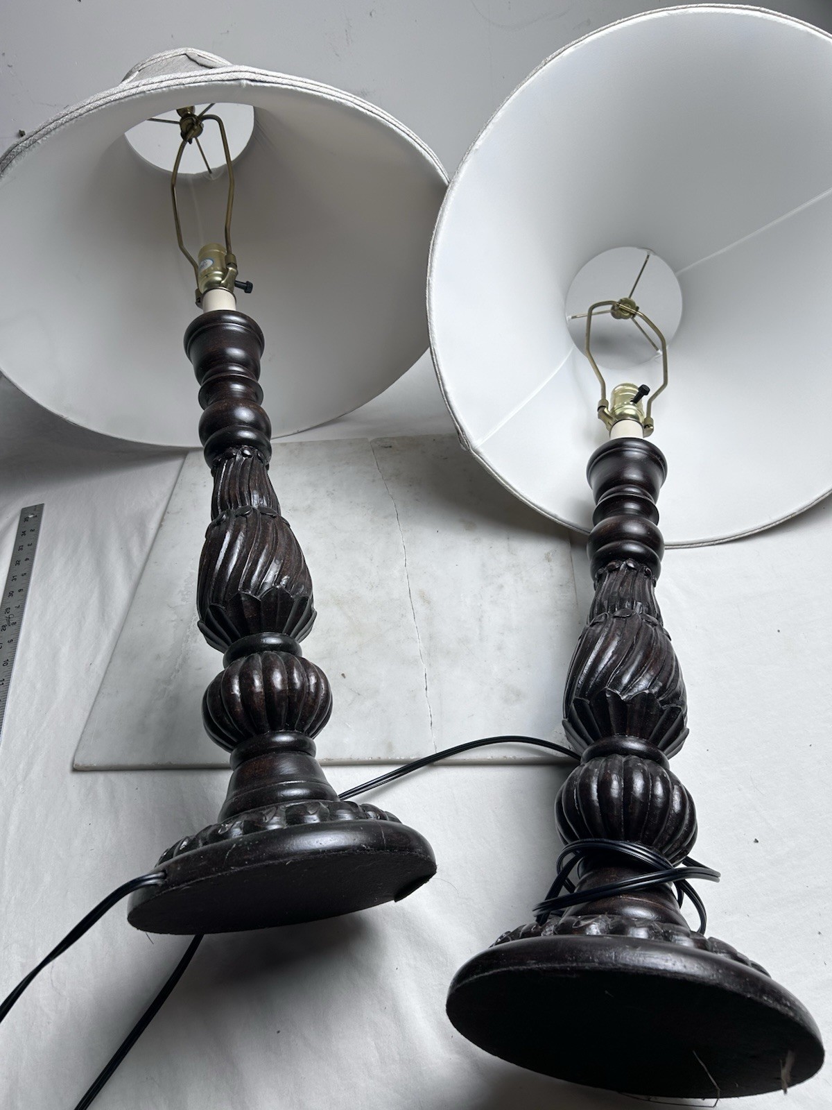 Two Hand Carved Large Wood Light Stands With Lampshades Dark Brown