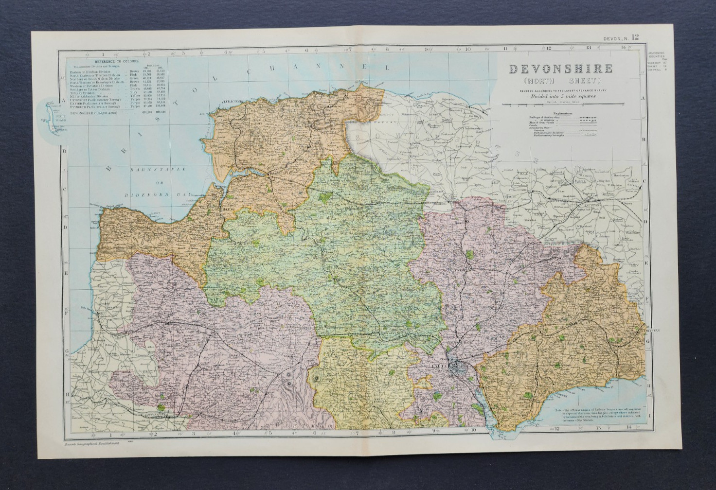 Antique 1903 Large Map – Devon (N) – GW Bacon – Exeter – Barnstaple – Tiverton
