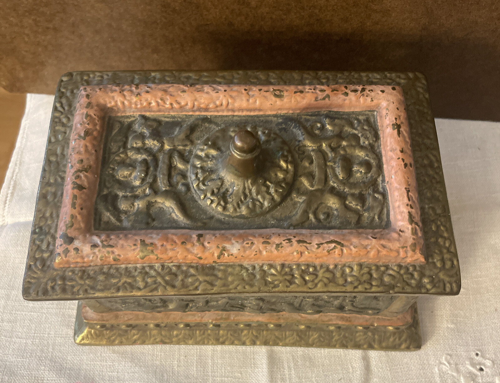 Antique Copper Embossed Relief Scene Lined Trinket Dresser Storage Box