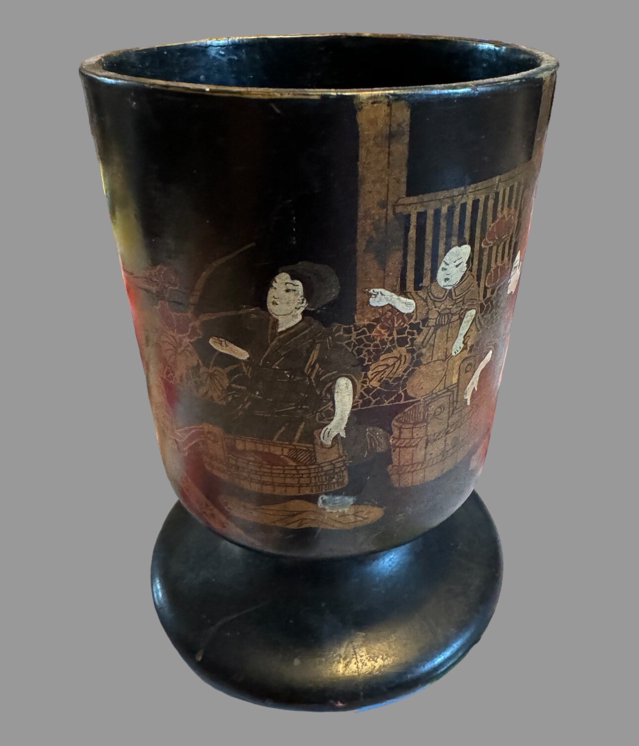 Antique Japanese Black Lacquer Hand Painted Paper Mache Scenic Chalice
