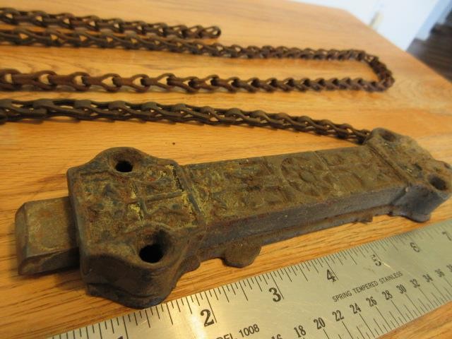 Antque Victorian Ornate Cast Iron Pull Door Window Latch with Chain