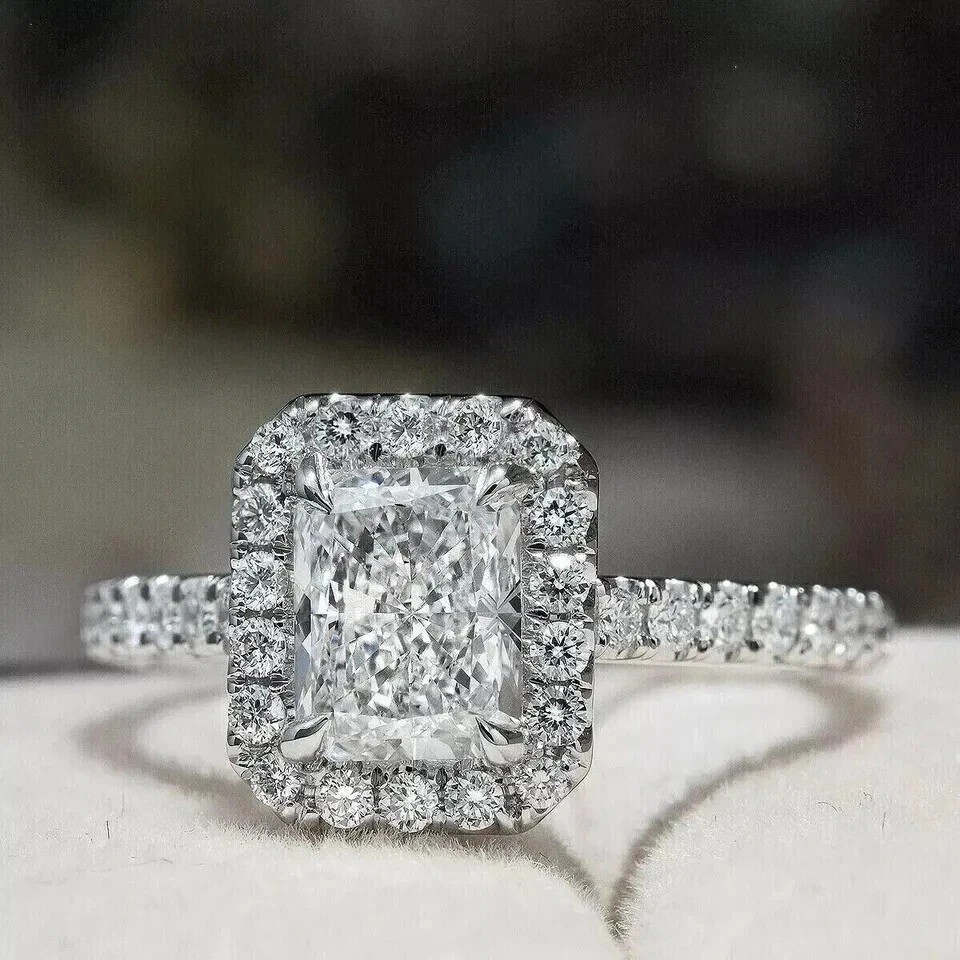 3Ct Radiant-Cut Lab Created Halo Engagement Ring 14K White Gold Plated