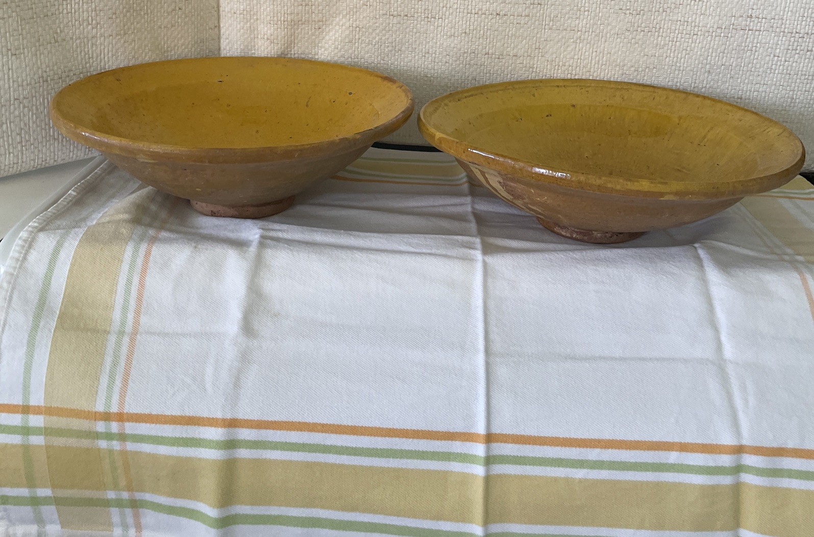 Pair Antique French Terracotta Tian Bowls Yellow Ochre Glazed Dairy Pan Confit