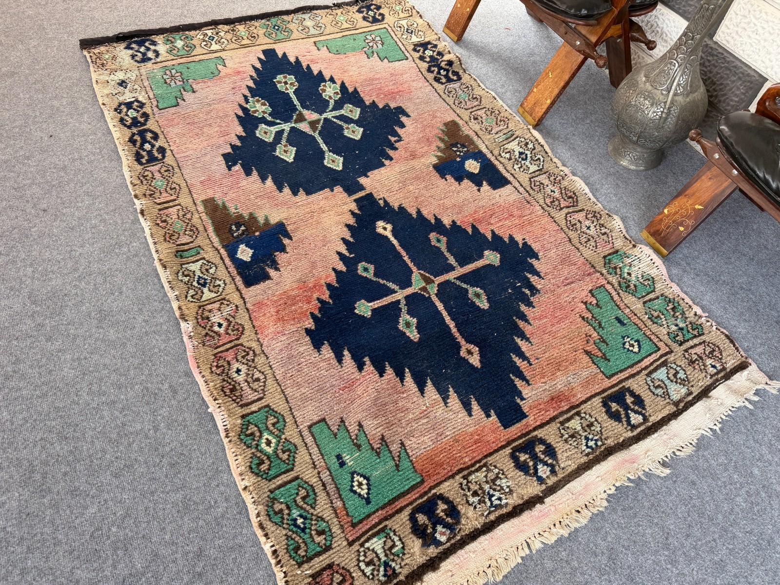 Vintage Turkish Oushak Rug 3×5 Ft, Handmade Anatolian Wool Rug Blue Boho Accent