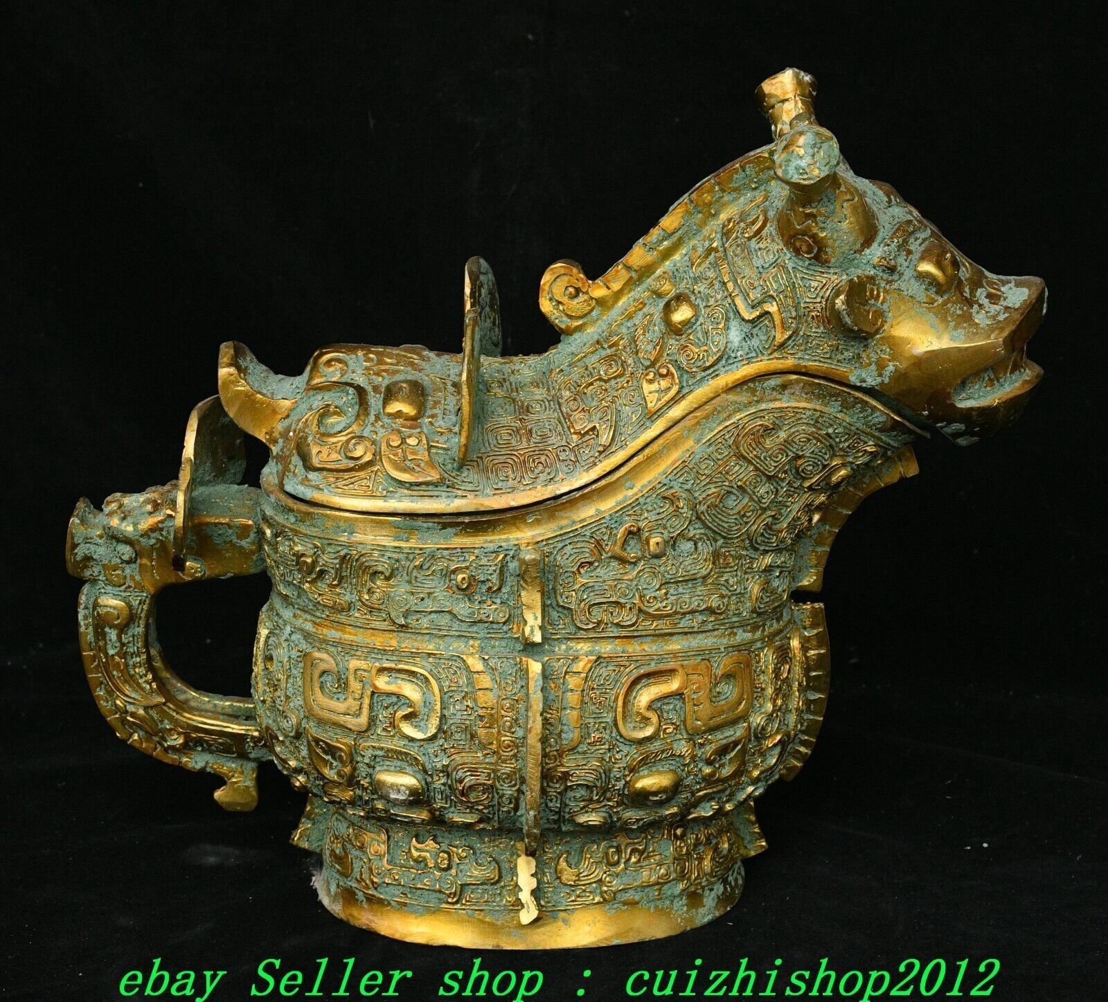 Old Dynasty Bronze Ware Gold Dragon Beast Cup Goblet Wine vessel Drinking vessel