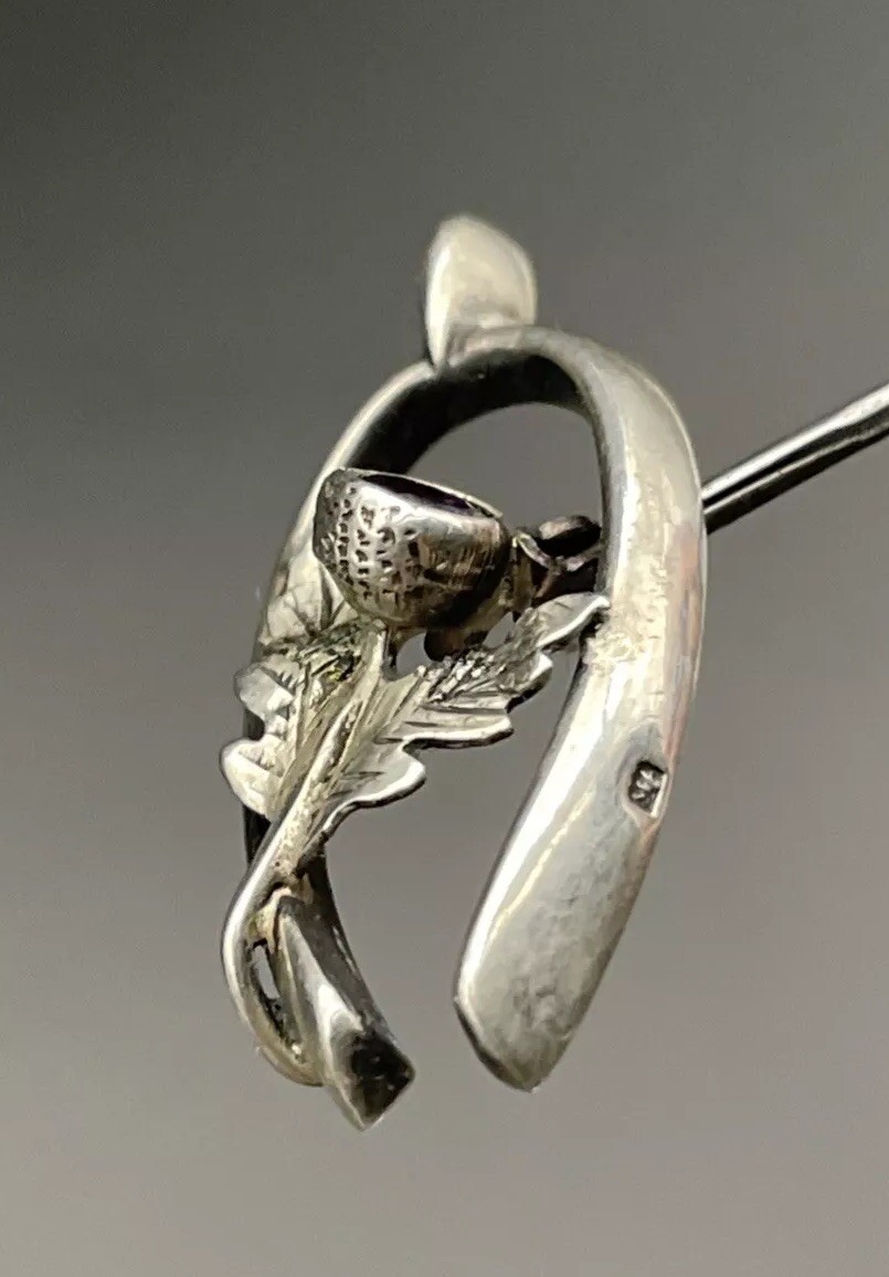Scottish Thistle Amethyst Stone & Wishbone Sterling Silver Hatpin English 1909