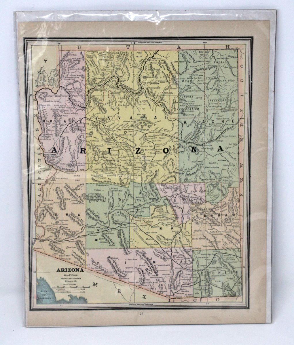 1889 Arizona Map Antique Atlas Page Color Engraved Lithography