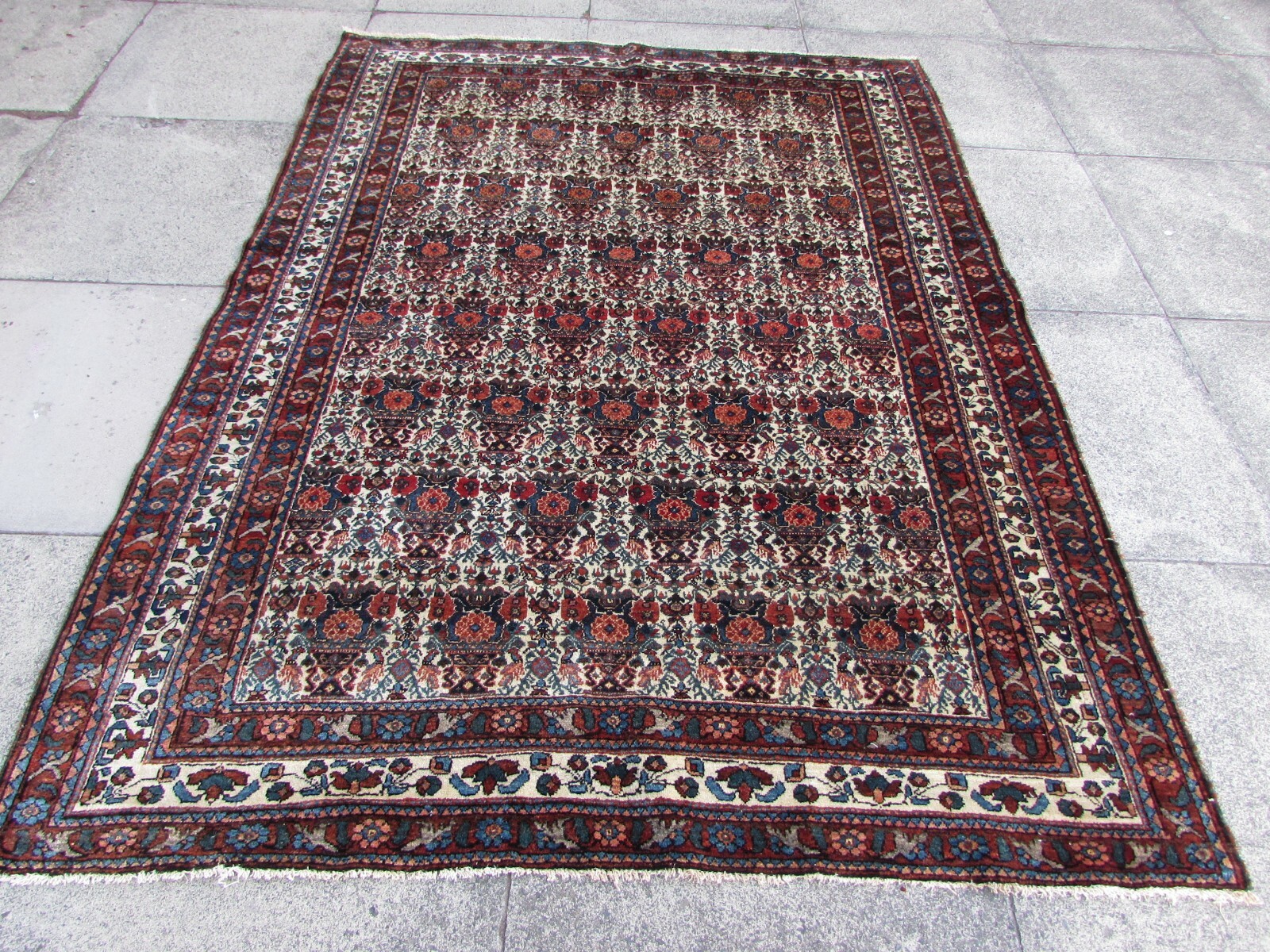 Fine Antique Traditional Hand Made Oriental Wool White Red Blue Rug 211x156cm