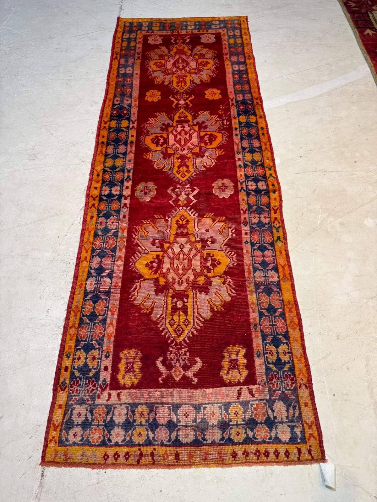 Oriental Hand-Knotted Wool Runner Turkish Oushak Red/Blue/Gold 3’4″ x 8’9″