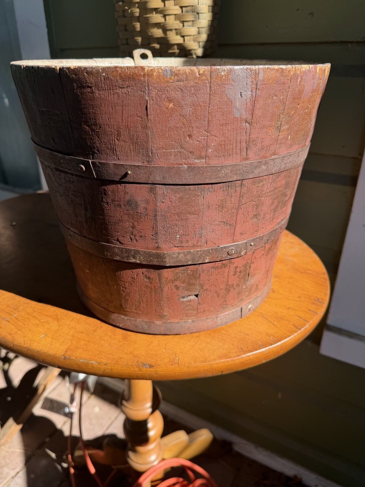 Antique Late 19th C New England Original Red Painted Sap Bucket Great Color AAFA
