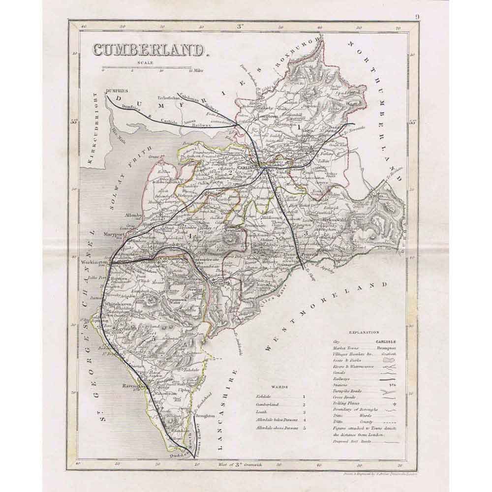 CUMBERLAND Antique Map c1845 by Archer for Dugdales