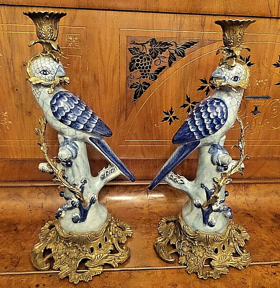 PAIR OF HOLLYWOOD REGENCY HERREN LIKE BLUE PARROT BIRD CANDLEHOLDERS