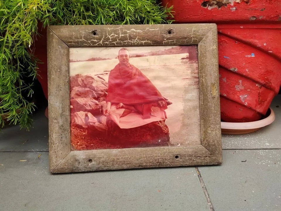 Indian Hindu Saint On Riverside Color Picture Photograph Print Wooden Framed