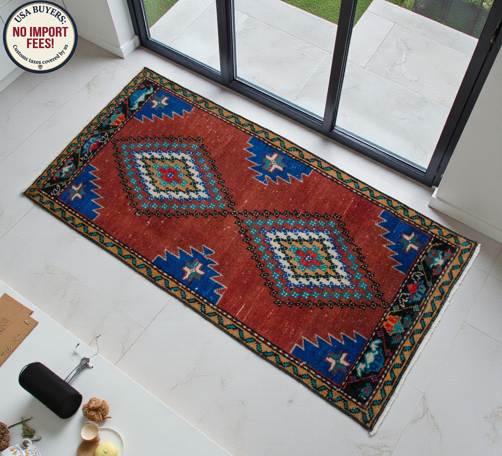Vintage Turkish Rug Handmade BLUE Mat, Wool Door mat, Kitchen Rug, 2×3 ft aprrox