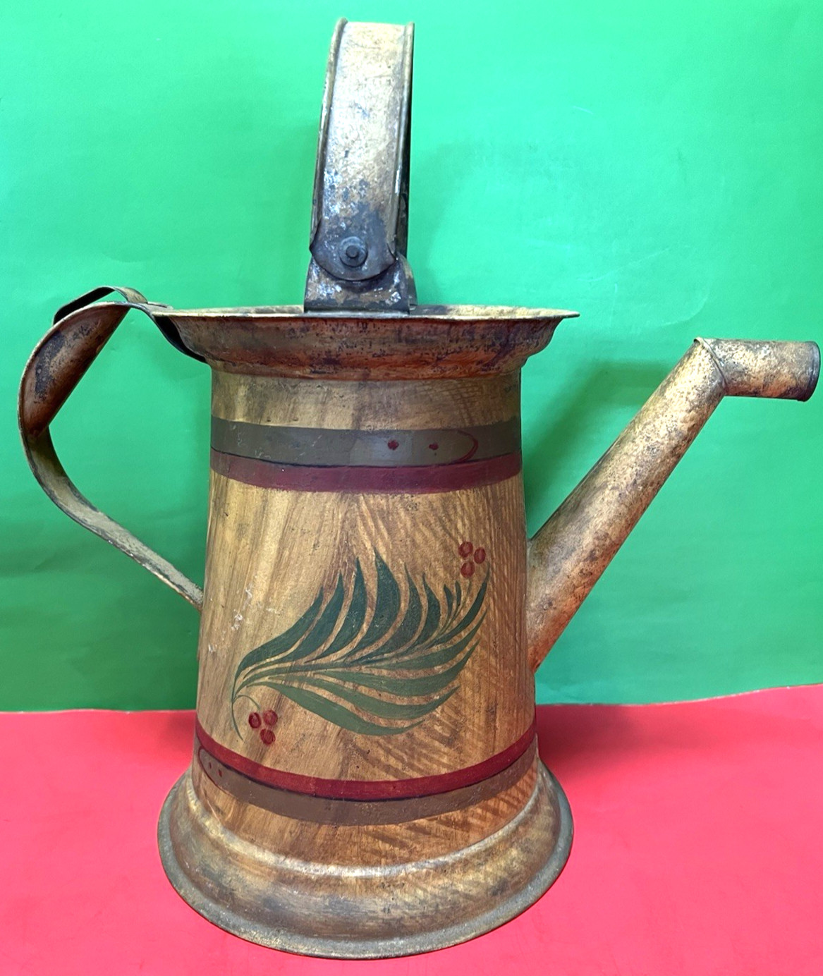 Antique American Victorian Tin Toleware Hand Painted Watering Can
