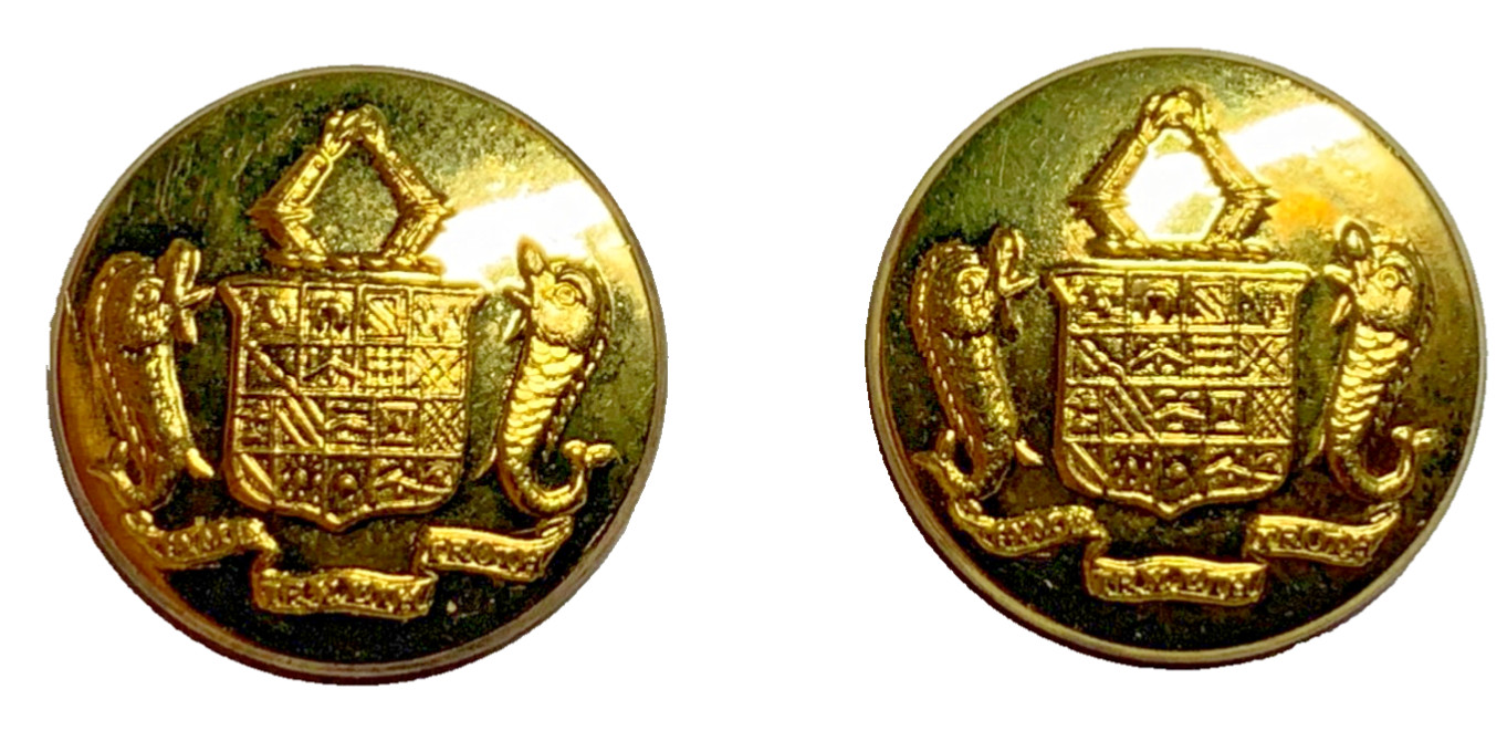 PAIR ~ SIR GEORGE TREVELYAN, 1st BARONET w DOLPHINS LIVERY CUFF BUTTONS 1876 NOS