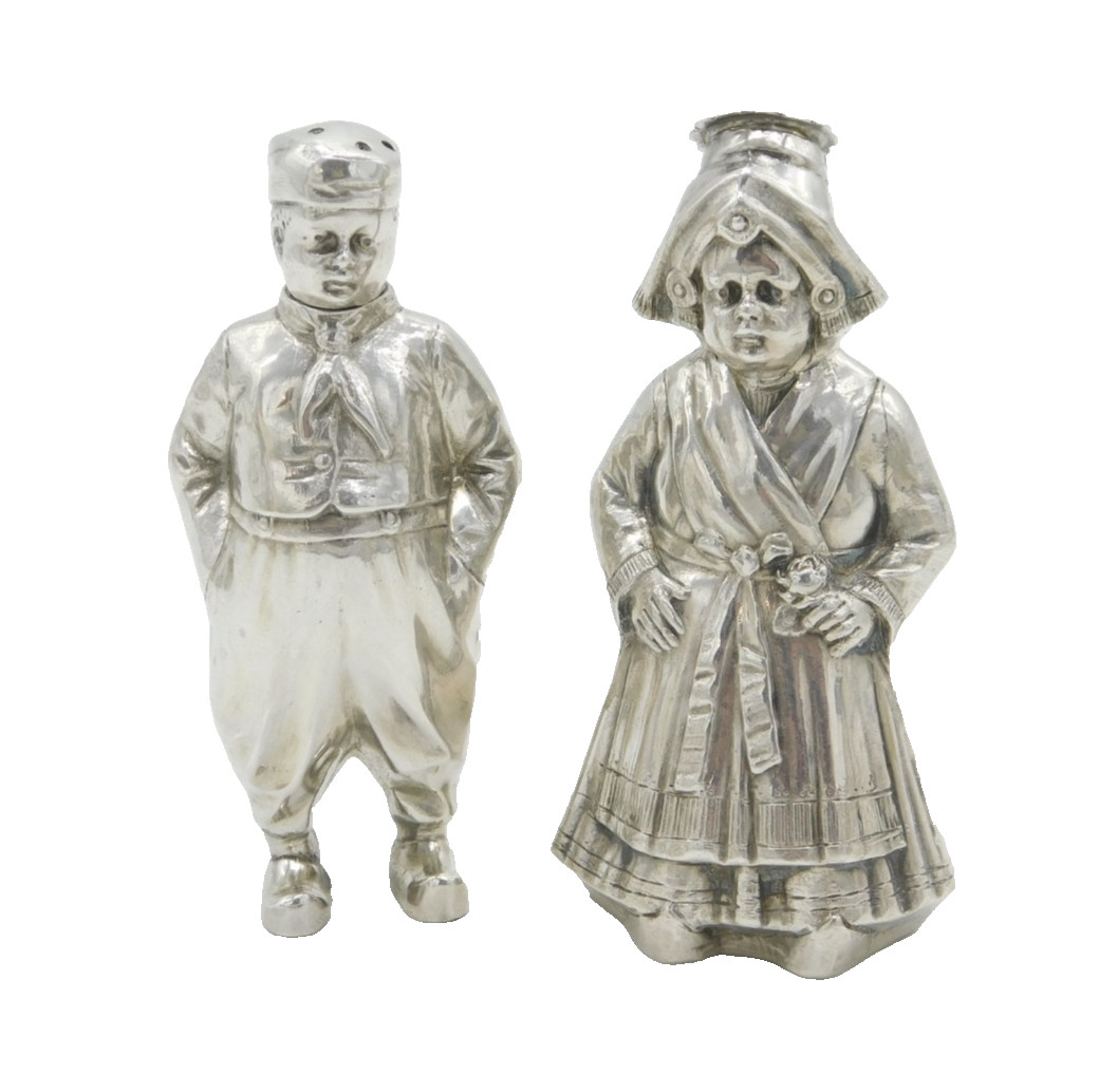 Art Deco Pair of Sterling Silver Novelty Dutch Lady & Gent Pepper Shakers 1926