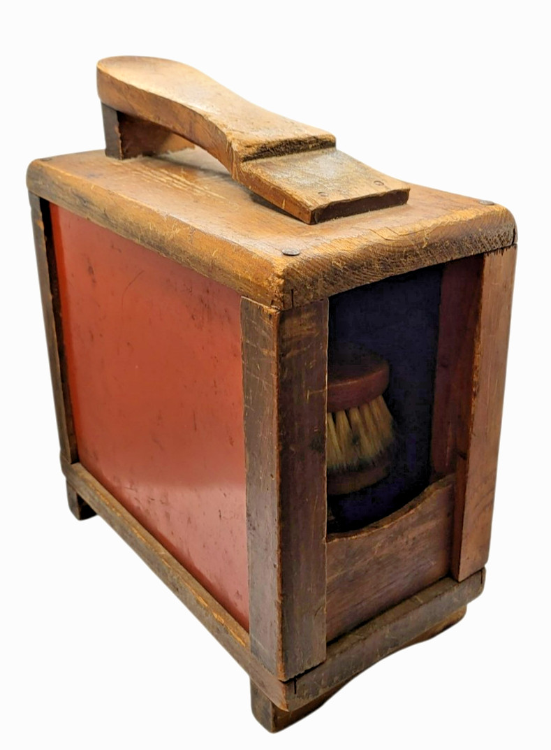 Rare Mid Century Primitive Wood and Orange Metal Shoe Shine Box w Three Brushes