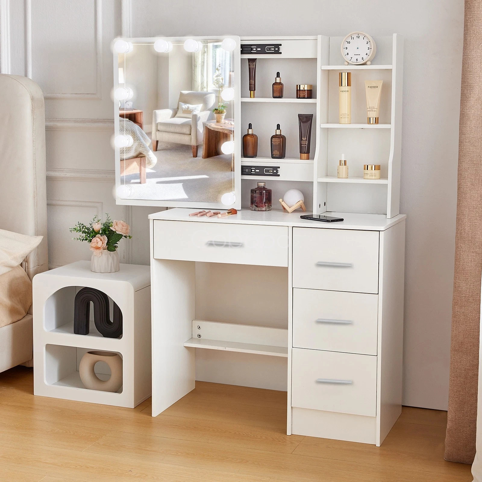 10 LED Lights Makeup Desk Sliding Mirror Dressing Table Dresser White Vanity Set